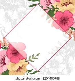 Greeting card with flowers, watercolor. Vector frame