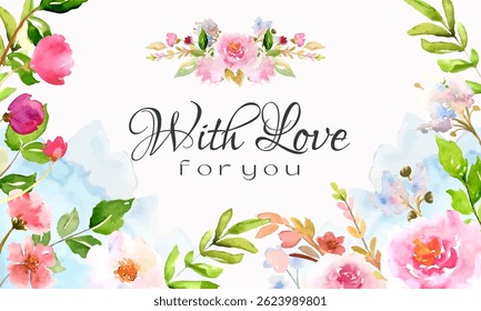 Greeting card with flowers in watercolour style in vector.