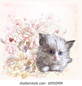 greeting card with  fluffy kitten and roses