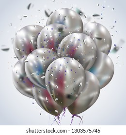 Greeting card with flying realistic silver balloons and confetti.  Bunch of chrome balloons. Festive balloons with red and blue reflections. Party event decoration - Vector