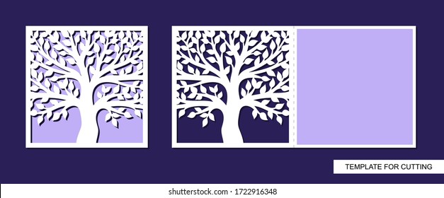 Tarjetas de felicitación dobladas por la mitad con un árbol y hojas. Temática de primavera y verano de la naturaleza. Lugar para texto (espacio de copia). Plantilla para el corte láser de papel, cartón. Ilustración vectorial.