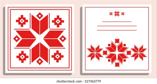 Greeting card with folk scandinavian and Nordic ornament. Inspired by Norwegian Christmas. Festive winter cards. Happy new year and merry cristmas concept.