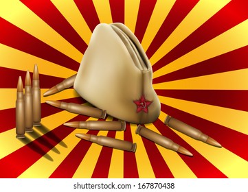 greeting card with  forage-cap and bullets , dedicated to 23 february and Victory Day