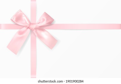 Greeting Card in the form of a Gift Box Cover top view. Glossy pink Bow Knot with two pink Ribbons isolated on white. Festive, Holiday Gift Decoration. Greeting Card template. Realistic 3d vector