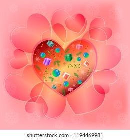 Greeting card in the form of a heart filled with icons of the New Year theme. In pink tones. As a valentine.