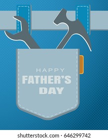 Greeting card in the form of paper applications for Happy Father's Day with the blue back pocket of jeans, wrench, hammer, belt.