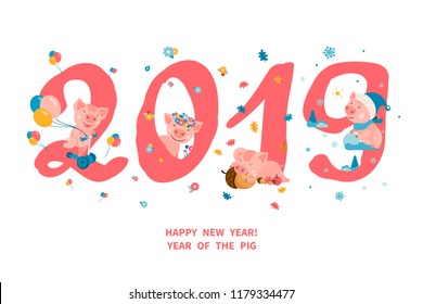 Greeting card with four cute cartoon piggies, symbol of the 2019 Chinese New Year. Each pig corresponds to the season of the year: spring, summer, autumn, winter. Vector illustration