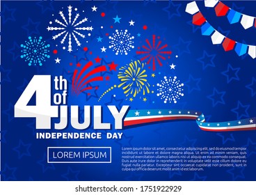 Greeting card Fourth of july USA independence day . Vector illustration in colors of the American flag. Stars and stripes, fireworks, salute and holiday flags. Illustration, vector