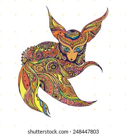 Greeting card with fox. Frame of  ornament made in vector. Perfect cards, or for any other kind of design, birthday and other holiday. Seamless hand drawn map with fox. 