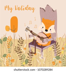 Greeting card with fox sit on the chair around leaf,flower,tree and grass