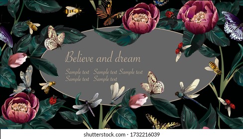 Greeting card, frame with big flowers-peony with branch and insects-buterfly, dragonfly, ladybug, bee on black background