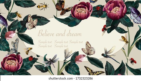 Greeting card, frame with big flowers-peony with branch and insects-buterfly, dragonfly, ladybug, bee on beige background