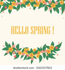 greeting card with frame, border of abstract flowers and leaves with the inscription "hello spring"
