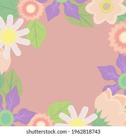 Greeting card in a frame with colored flowers, vector graphics