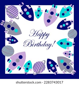 Greeting card with frame of colorful cute spaceships and planets on white background. Copy space. Cartoon vector illustration for poster, invitations, book cover.
