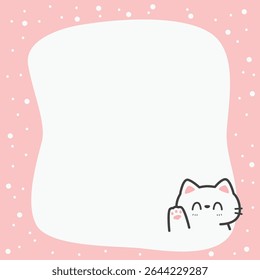 Greeting card frame with cute white cat waving paw cartoon