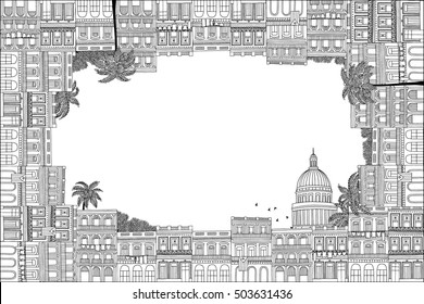 Greeting card frame with hand drawn Cuban houses of Havana