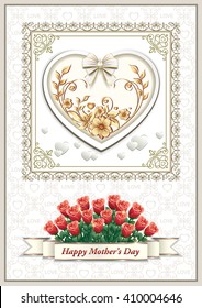 Greeting card in a frame with an ornament and a bouquet of roses for Mother's Day
