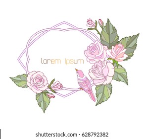 Greeting card frame with pink rose and bird. Hand drawn soft romantic floral frame for invitation and save the date.