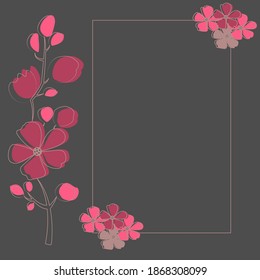 Greeting card with frame,  red and pink flowers on a black background