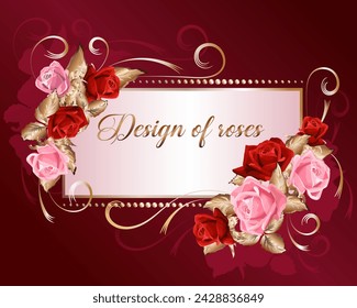 Tarjeta de felicitación con marco y rosas. Tarjeta vectorial con decoración dorada y rosas en un marco sobre un fondo de color. Perfecto para invitación, felicitación, volante.