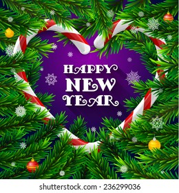 Greeting card with frame in shape of heart. Christmas tree branches, candy and snowflakes on purple background.