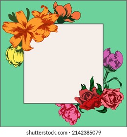 Tarjeta de saludo con cuadro de texto y hermosas flores de jardín florecientes