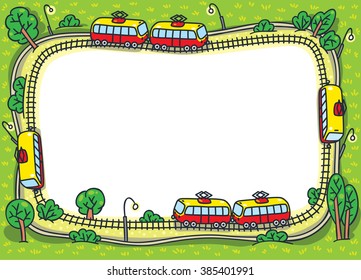 Greeting card or frame  with a vector picture of trams on the tram tracks and green areas. Design template background