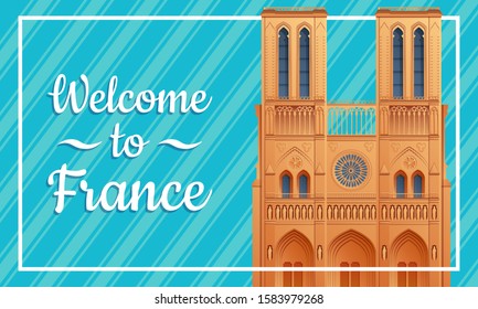 greeting card to France with the symbol of Paris by Notre Dame Cathedral, vector illustration