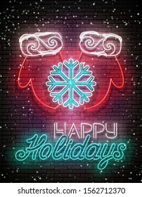 Greeting Card with Freeze Snowflake on Santa Mittens and Inscription, Snowfall. Happy New Year, Merry Christmas Template. Neon Poster, Flyer, Banner. Brick Wall. Vector 3d Illustration. Clipping Mask