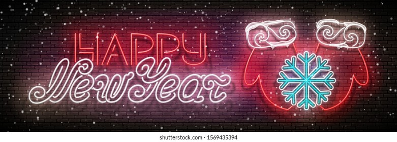 Greeting Card with Freeze Snowflake on Santa Mittens and Inscription, Snowfall. Happy New Year, Merry Christmas Template. Neon Poster, Flyer, Banner. Brick Wall. Vector 3d Illustration. Clipping Mask