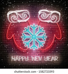 Greeting Card with Freeze Snowflake on Santa Mittens and Inscription, Snowfall. Happy New Year, Merry Christmas Template. Neon Poster, Flyer, Banner. Brick Wall. Vector 3d Illustration. Clipping Mask