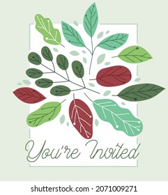 Greeting card with fresh green leaves vector flat drawing, floral design composition mockup layout, invitation or anniversary theme, congratulations poster.
