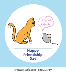 Greeting card for Friendship Day. Vector illustration of cat and mouse in a cartoon style.