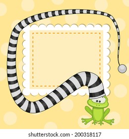 Greeting card with frog in striped hat