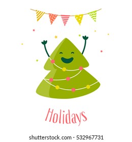 Greeting card with fun  christmas tree and garland with lights. Flat design. Vector illustration.