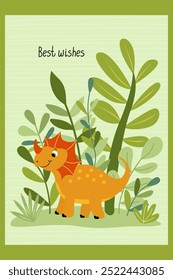 Tarjeta de felicitación con divertido bebé dinosaurio triceratops en la jungla de plantas verdes y los mejores deseos dibujado a mano letras. Ilustración vectorial plana. 