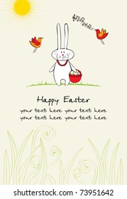greeting card with funny bunny holding a basket of easter eggs