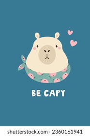 Greeting card with funny capybara in neckpiece and text BE CAPY.