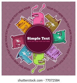 Greeting card with funny cartoon animals. Place for your text, Vector illustration.