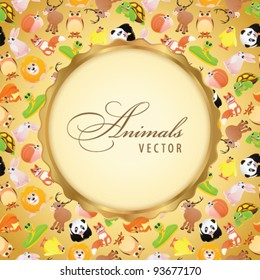 Greeting Card with funny cartoon animals. Golden Banner with place for text. Vector illustration