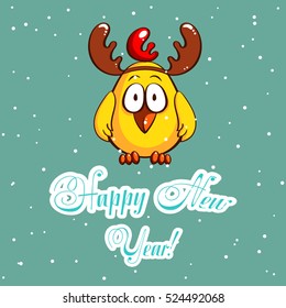 Greeting card with funny cartoon chick with antlers on snowy background. Vector illustration