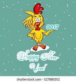 Greeting card with funny cartoon chick on snowy background. Vector illustration
