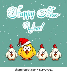 Greeting card with funny cartoon chicks on snowy background. Vector illustration