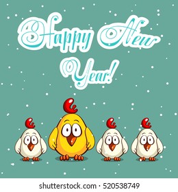 Greeting card with funny cartoon chicks on snowy background. Vector illustration