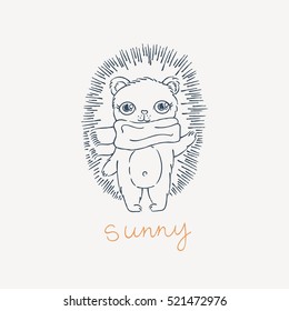 Greeting card with funny cartoon hedgehog in scarf. Vector coloring page or print image