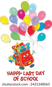 Tarjeta de felicitación con una divertida bolsa de caricatura sosteniendo globos de vacaciones de colores y tocando su campana en el último día de la escuela, ilustración de dibujos animados vectoriales en blanco