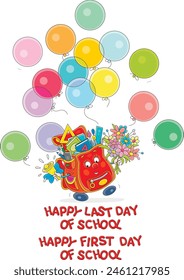 Greeting card with a funny cartoony schoolbag holding colorful holiday balloons and ringing its bell on the last and first day of school, vector cartoon illustration on a white background