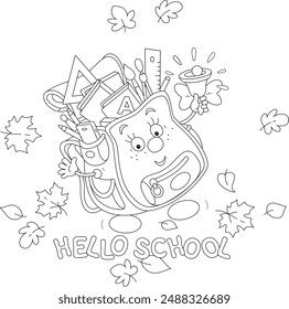 Tarjeta de felicitación con una divertida mochila de dibujos animados que suena su campana entre las hojas de otoño en el primer día de escuela, Ilustración vectorial de contorno en blanco y negro para un libro para colorear