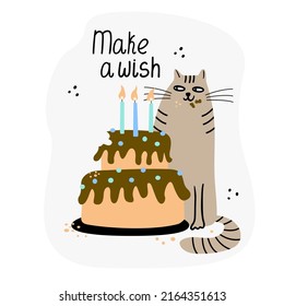 Greeting Card With A Funny Cat And Birthday Cake. Hand Drawn Flat Vector  Illustration And Best Wishes Lettering.